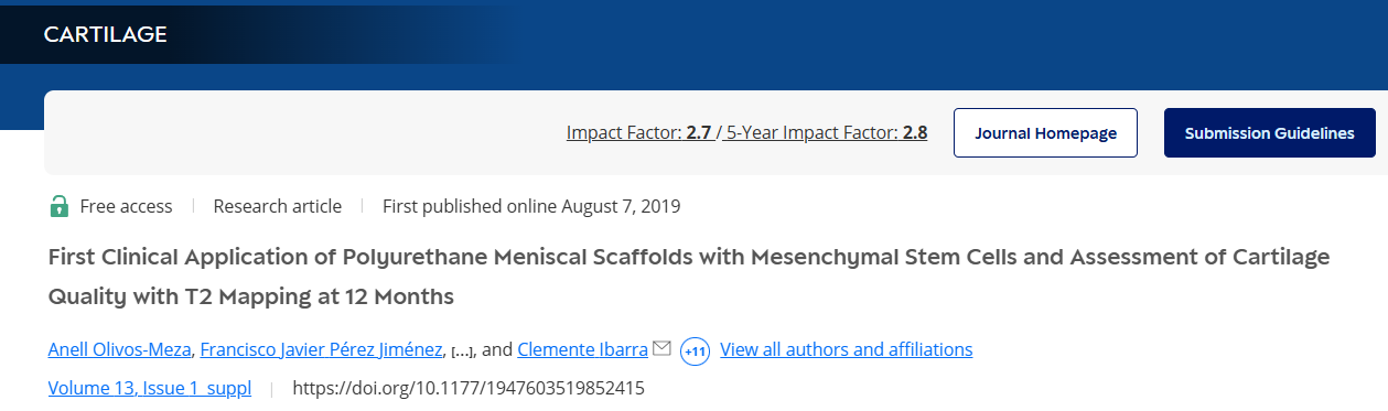 聚氨酯半月板支架與間充質(zhì)干細胞的首次臨床應(yīng)用以及12個月時T2映射對軟骨質(zhì)量的評估