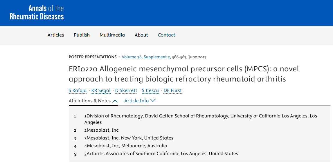 FRI0220 同種異體間充質(zhì)前體細(xì)胞（MPCS）：治療生物難治性類(lèi)風(fēng)濕性關(guān)節(jié)炎的新方法