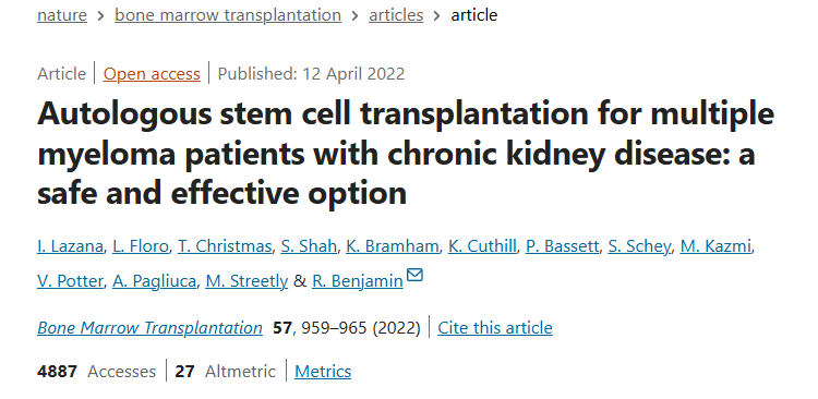 自體干細胞移植治療患有慢性腎病的多發性骨髓瘤患者:一種安全有效的選擇 自體干細胞移植治療患有慢性腎病的多發性骨髓瘤患者:一種安全有效的選擇