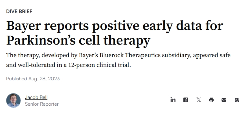 拜耳報告帕金森細胞療法的早期積極數據 拜耳報告帕金森細胞療法的早期積極數據