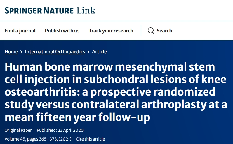 人骨髓間充質干細胞注射治療膝關節骨性關節炎軟骨下損傷:一項前瞻性隨機研究,對比平均十五年隨訪的對側關節置換術 人骨髓間充質干細胞注射治療膝關節骨性關節炎軟骨下損傷:一項前瞻性隨機研究,對比平均十五年隨訪的對側關節置換術