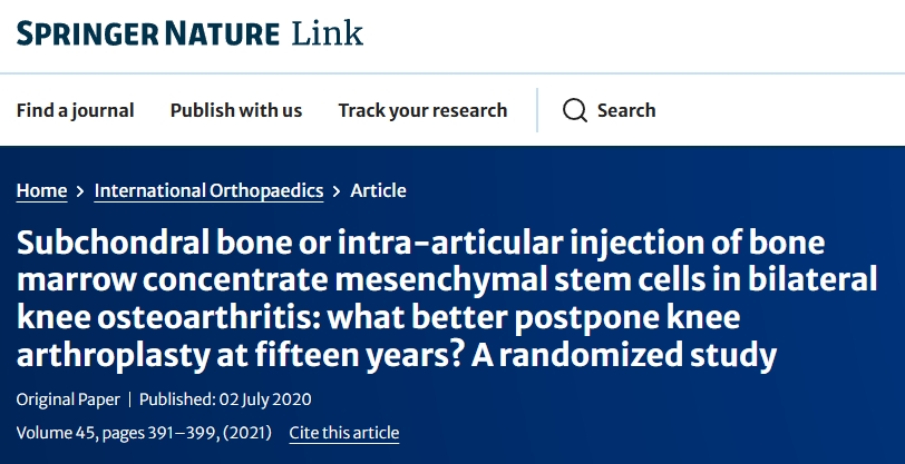 雙側膝骨關節炎:軟骨下骨或關節內注射骨髓濃縮間充質干細胞:哪種方法更有利于推遲15年后的膝關節置換術?一項隨機研究 雙側膝骨關節炎:軟骨下骨或關節內注射骨髓濃縮間充質干細胞:哪種方法更有利于推遲15年后的膝關節置換術?一項隨機研究