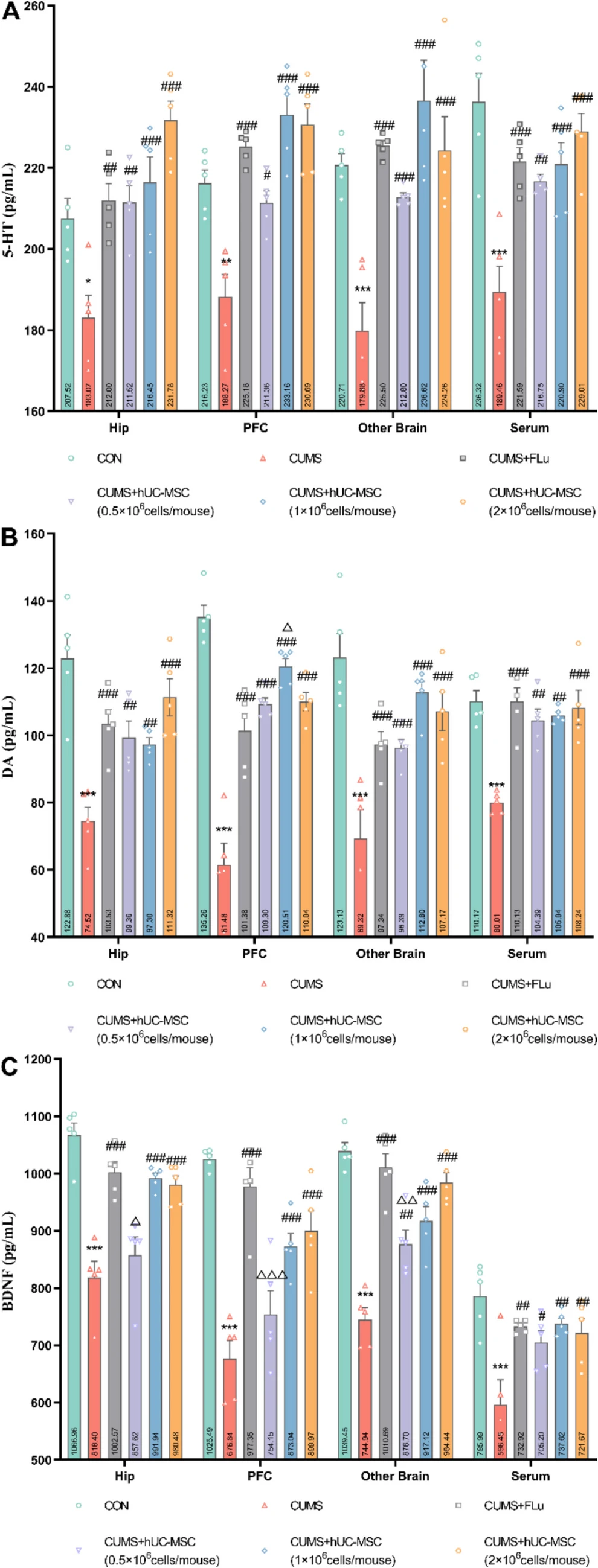 圖4:hUC-MSCs調(diào)節(jié)了CUMS小鼠的神經(jīng)遞質(zhì)和腦源性神經(jīng)營(yíng)養(yǎng)因子 (BDNF) 水平。 圖4:hUC-MSCs調(diào)節(jié)了CUMS小鼠的神經(jīng)遞質(zhì)和腦源性神經(jīng)營(yíng)養(yǎng)因子 (BDNF) 水平。