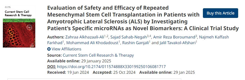 通過研究患者特異性microRNA作為新型生物標志物來評估肌萎縮側索硬化癥(ALS)患者重復間充質干細胞移植的安全性和有效性:一項臨床試驗研究 通過研究患者特異性microRNA作為新型生物標志物來評估肌萎縮側索硬化癥(ALS)患者重復間充質干細胞移植的安全性和有效性:一項臨床試驗研究