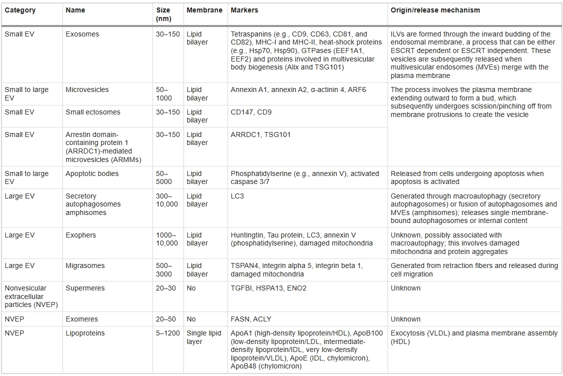 表2:EV和非囊泡細(xì)胞外顆粒(NVEP)的類型 表2:EV和非囊泡細(xì)胞外顆粒(NVEP)的類型