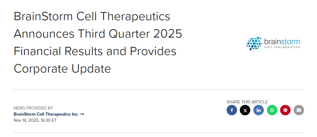 BrainStorm Cell Therapeutics 公布 2025 年第三季度財務業績并提供公司最新動態 BrainStorm Cell Therapeutics 公布 2025 年第三季度財務業績并提供公司最新動態