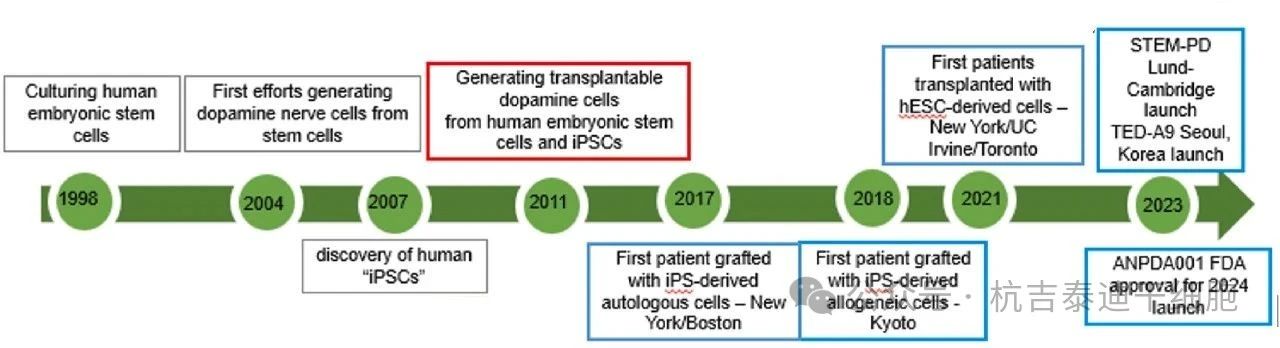 圖1：干細(xì)胞技術(shù)治療帕金森病的進展時間表