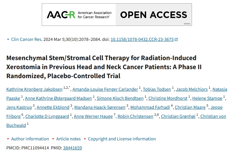 間充質干細胞/基質細胞療法治療既往頭頸癌患者放射誘導性口干癥:一項 II 期隨機、安慰劑對照試驗 間充質干細胞/基質細胞療法治療既往頭頸癌患者放射誘導性口干癥:一項 II 期隨機、安慰劑對照試驗