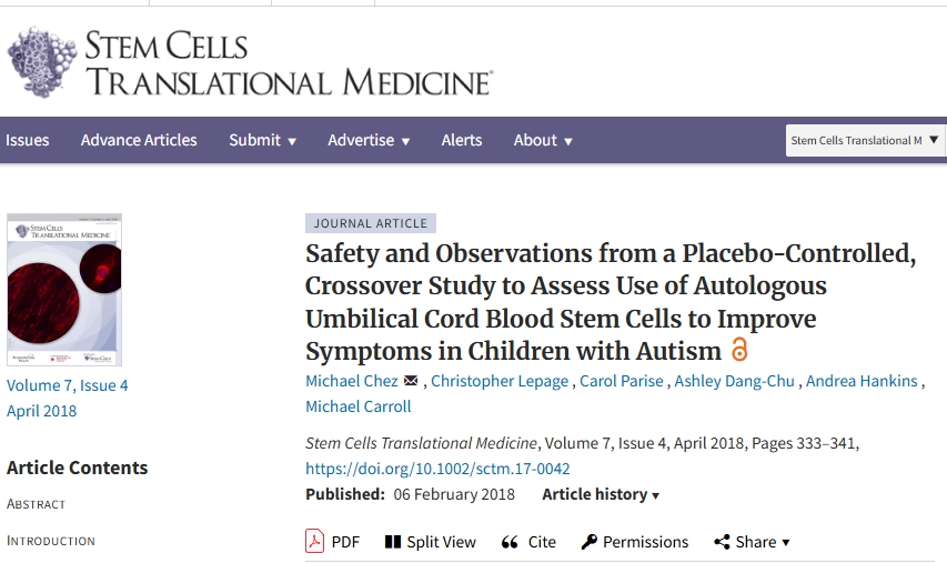 一項安慰劑對照交叉研究的安全性和觀察結果，旨在評估使用自體臍帶血干細胞改善自閉癥兒童癥狀的效果