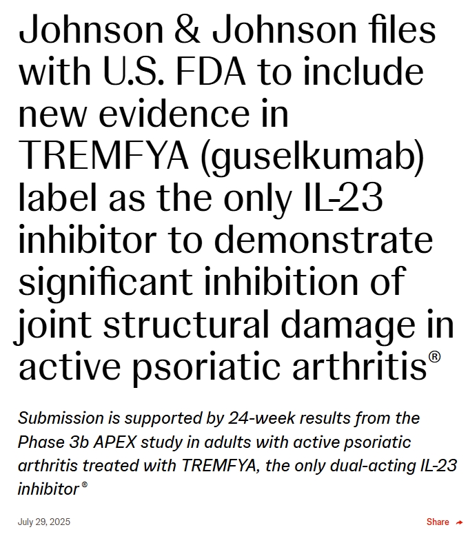 強生向美國FDA提交文件,將新證據納入TREMFYA (guelkumab)標簽,作為唯一的兒-23抑制劑,以證明對活動性銀屑病關節炎關節結構損傷有顯著抑制作用。 強生向美國FDA提交文件,將新證據納入TREMFYA (guelkumab)標簽,作為唯一的兒-23抑制劑,以證明對活動性銀屑病關節炎關節結構損傷有顯著抑制作用。