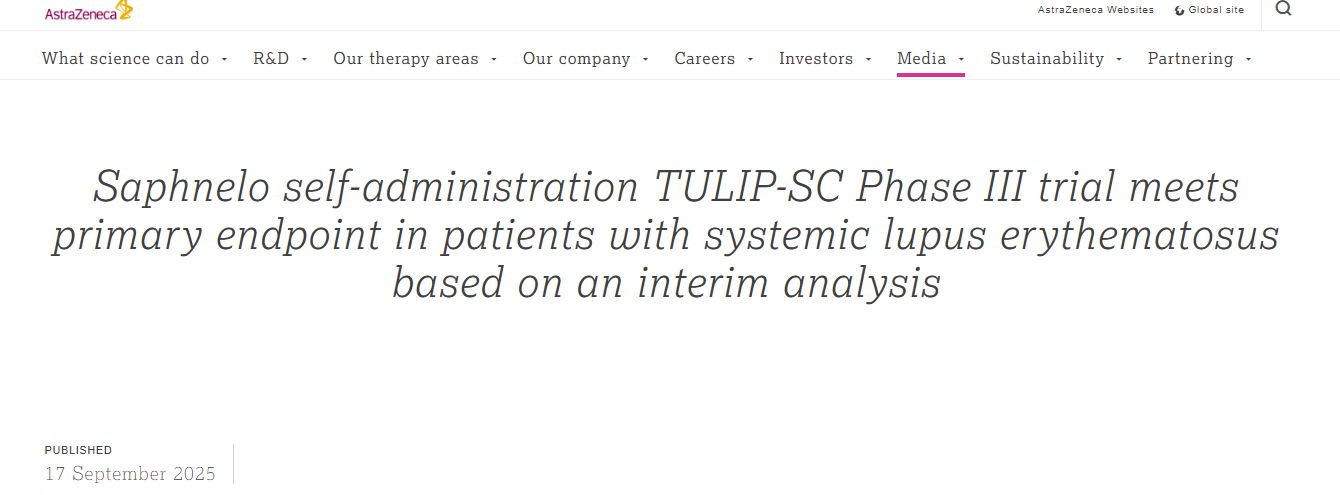 根據中期分析,Saphnelo 自我給藥 TULIP-SC III 期試驗在系統性紅斑狼瘡患者中達到主要終點。 根據中期分析,Saphnelo 自我給藥 TULIP-SC III 期試驗在系統性紅斑狼瘡患者中達到主要終點。