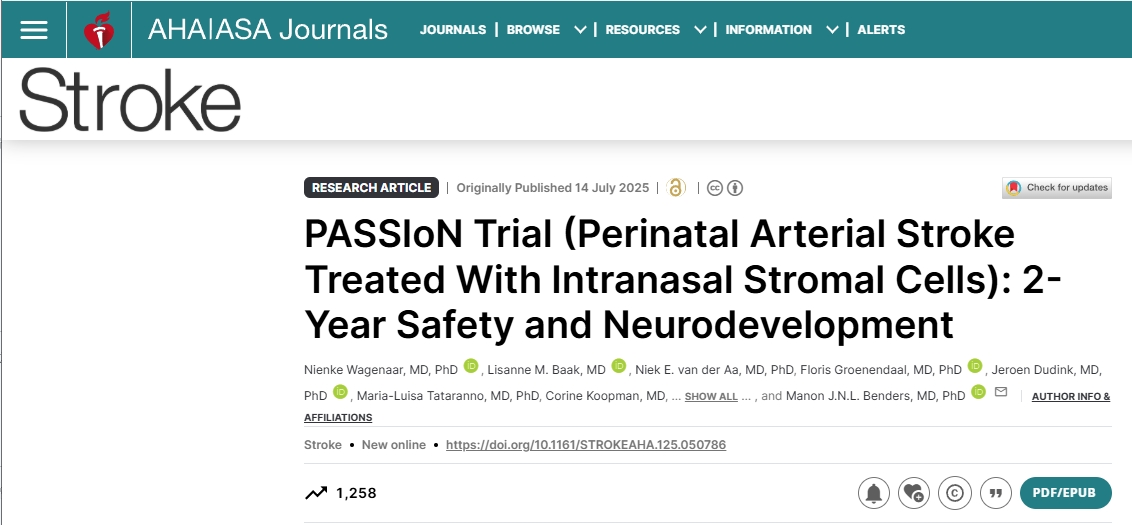PASSIoN 試驗(經鼻基質細胞治療圍產期動脈卒中):2 年安全性和神經發育 PASSIoN試驗(經鼻基質細胞治療圍產期動脈卒中):2年安全性和神經發育
