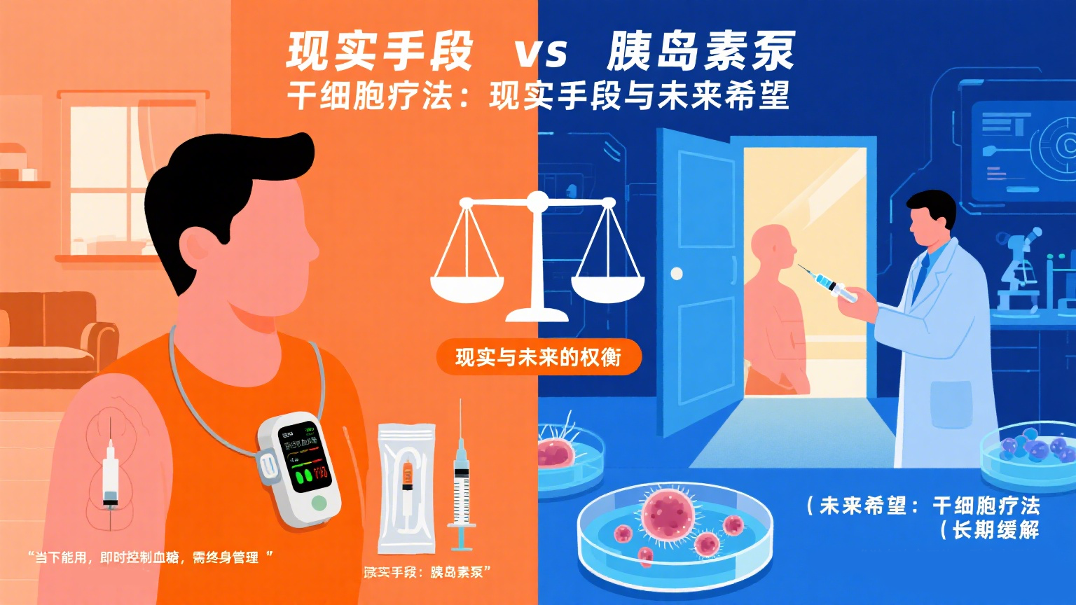 胰島素泵代表的是“當(dāng)下能用的現(xiàn)實(shí)手段”，而干細(xì)胞療法則寄托著“未來可能實(shí)現(xiàn)的希望”
