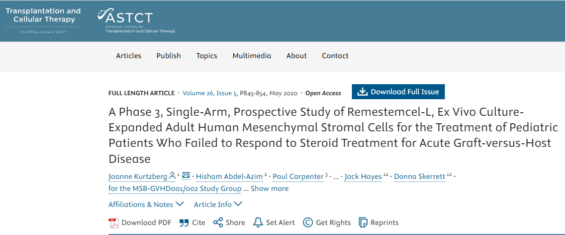 一項(xiàng)3期單組前瞻性研究，探討Remestemcel-L（體外培養(yǎng)擴(kuò)增的成人人類間充質(zhì)基質(zhì)細(xì)胞）對(duì)類固醇治療急性移植物抗宿主病無效的兒科患者的療效