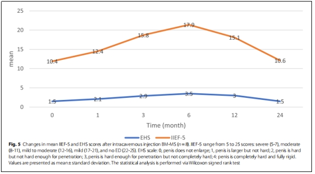 圖5：陰莖海綿體內(nèi)注射BM-MS后IIEF-5和EHS評(píng)分的變化