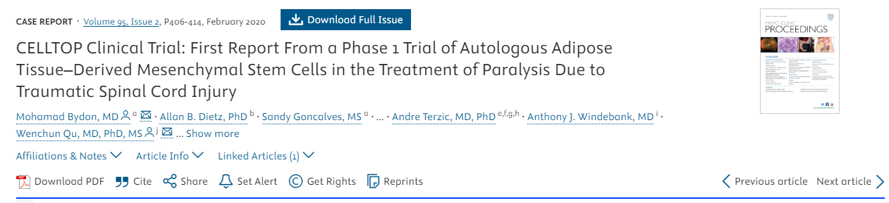 CELLTOP臨床試驗(yàn)：自體脂肪組織來源的間充質(zhì)干細(xì)胞治療創(chuàng)傷性脊髓損傷所致癱瘓的1期臨床試驗(yàn)首份報告