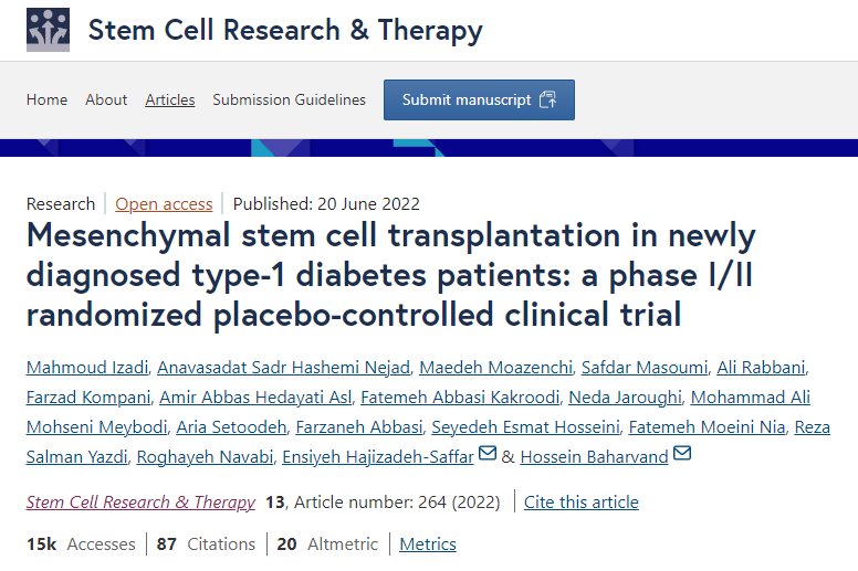 間充質干細胞移植治療新診斷的1型糖尿病患者：一項I/II期隨機安慰劑對照臨床試驗