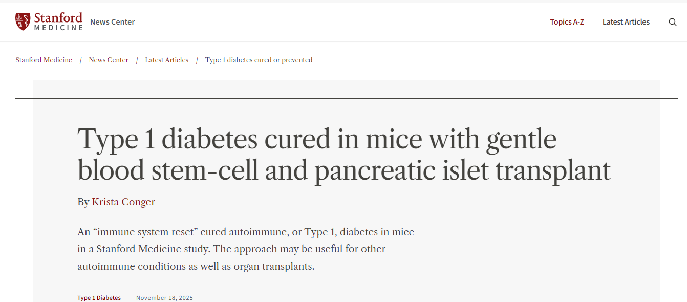 通過(guò)溫和的血液干細(xì)胞和胰島移植，小鼠的1型糖尿病得以治愈。