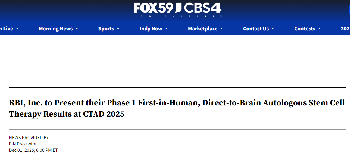 RBI公司將在2025年CTAD大會上公布其首次人體自體干細胞直接靶向腦部的I期臨床試驗結果。