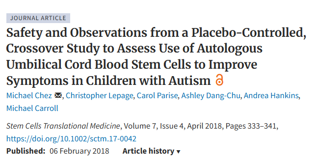 一項安慰劑對照交叉研究的安全性和觀察結果，旨在評估自體臍帶血干細胞在改善自閉癥兒童癥狀方面的應用