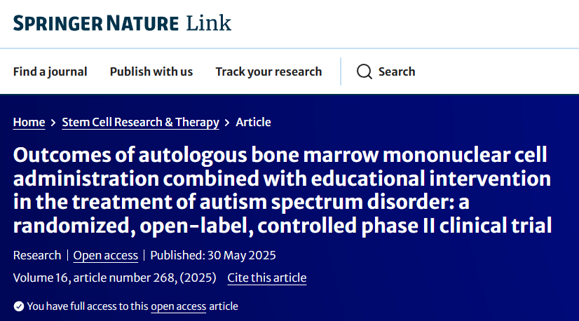 自體骨髓單核細胞輸注聯合教育干預治療自閉癥譜系障礙的療效:一項隨機、開放標簽、對照的II期臨床試驗 自體骨髓單核細胞輸注聯合教育干預治療自閉癥譜系障礙的療效:一項隨機、開放標簽、對照的II期臨床試驗