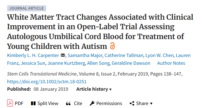 在一項評估自體臍帶血治療自閉癥幼兒的開放標簽試驗中,白質束變化與臨床改善相關 在一項評估自體臍帶血治療自閉癥幼兒的開放標簽試驗中,白質束變化與臨床改善相關